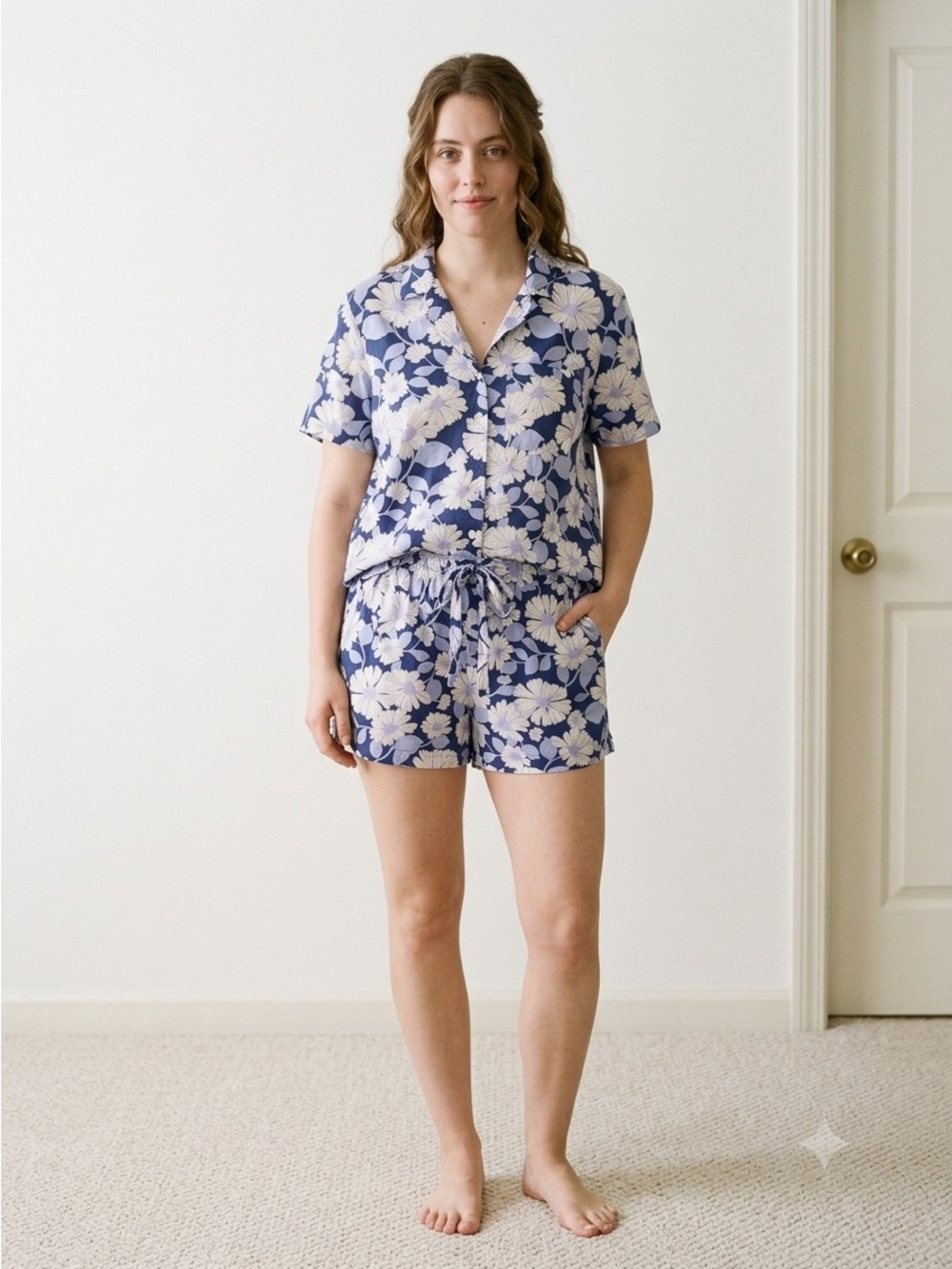 GAP Floral Cotton Pajama Set XL Top & Shorts Blue White Daisy Matching Sleepwear